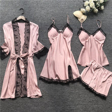 Load image into Gallery viewer, New Stain Black Lace Fashion Women Sleepwear With Chest Pad Nightdress Shorst Cardigan Set Pajamas
