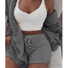 Load image into Gallery viewer, Women's Winter Plush Fluff Sleepwear Casual 3 Piece Sets Pajamas Set Long Sleeve Coat V-neck Vest Shorts Pants Suit
