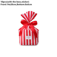 Load image into Gallery viewer, 10pcs Bow Stripe Dragee Black Box Gift Bags Wedding Candy Biscuits Snack Baking Package Plastic Packaging Event Party Supplies
