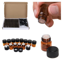 Load image into Gallery viewer, 100Pcs 1ml 2ml 3ml Amber Glass Vials, Mini Essential Oil Bottles with Orifice Reducer &amp; Black Plastic Cap

