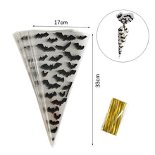 Load image into Gallery viewer, 100Pcs Halloween Cone Bags Plastic Candy Pouch Pumpkin Treat or Trick Bat Spider Halloween Decoration Supplies Halloween Favor
