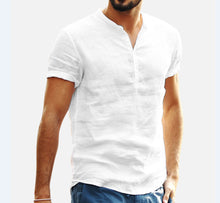 Load image into Gallery viewer, Men's Stand Collar Short Sleeve V-neck Cotton Linen Shirt
