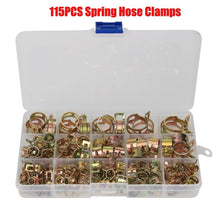 Load image into Gallery viewer, 115PCS Zinc Plated 6-22mm Spring Hose Clamps + 1PC Straight Throat Tube Clamp Band Clamp Metal Fastener Assortment Kit with Box
