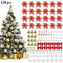 Load image into Gallery viewer, 120PCS /1set Christmas Tree Ornament Flash Artificial Flower Bow Bell Snowflake Small Cane Clip for Christmas Party Decoration
