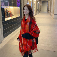 Load image into Gallery viewer, Cashmere Button Women's Cloak Shawl Korean Style Autumn and Winter Dual-Use Thickened Tassel Plaid Scarf
