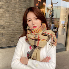 Load image into Gallery viewer, Cashmere Button Women's Cloak Shawl Korean Style Autumn and Winter Dual-Use Thickened Tassel Plaid Scarf
