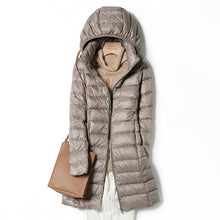 Load image into Gallery viewer, Women Fall Winter Stand Collar Hooded Solid Color Zipper Long White Duck Down Jacket M-5XL
