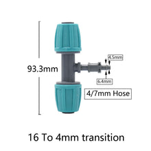 Load image into Gallery viewer, 16mm 1/2'' PE Pipe Connector Water Splitter Tee Coupling Threaded Lock to 4/7mm Hose Reducer Garden Watering Drip Irrigation
