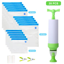 Load image into Gallery viewer, 17/20Pcs Vacuum Sealer Bags Reusable Food Storage bag Household Vacuum Food Sealer Ziplock Bag With Hand Pump Sealing Clips
