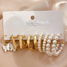 Load image into Gallery viewer, Pearl Twist Hoop Earrings Set Butterfly Acrylic Dangle Earrings for Women Metal Hollow Gold Plated Earring Cartoon Jewelry
