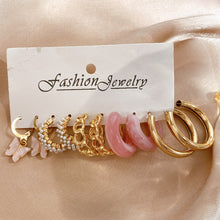 Load image into Gallery viewer, Pearl Twist Hoop Earrings Set Butterfly Acrylic Dangle Earrings for Women Metal Hollow Gold Plated Earring Cartoon Jewelry
