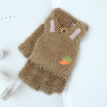 Load image into Gallery viewer, Autumn and Winter Korean Style Thick Warm Flip Half Finger Cute Rabbit Ears Radish Pattern Student Velvet Gloves
