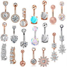 Load image into Gallery viewer, 1PCS Crystal Belly Button Ring 14G Heart Belly Piercing Dangle Flower Navel Piercing Rose Gold Sexy Navel Bar Cute Belly Ring
