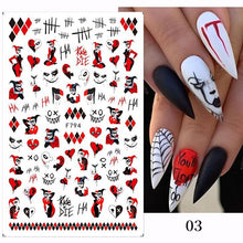 Load image into Gallery viewer, 1Pc 3D Halloween Nail Stickers Anime Joker Spider Snake Sliders Nail Art Stickers Adhesive Christmas Decals Snowflake Decor
