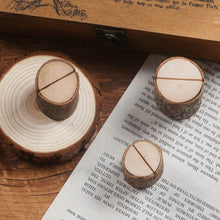 Load image into Gallery viewer, 1set Wood Cylindrical Stakes Notes Folder Veneer Stump Clip Crafts Home Wedding Decoration Party Table Cards Number Plate
