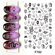 Load image into Gallery viewer, 1pcs 3D Nail Stickers Black Snake Skull Spider Adhesive Sliders  Clown Anime Decals Halloween Nail Art Decoration LAF792-F794
