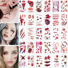 Load image into Gallery viewer, 20 Sheets Halloween Scar Tattoo Stickers Party Funny Scary Bloody Knife Scar Tattoo Simulation Wound Scratches Blood Stickers
