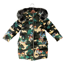 Load image into Gallery viewer, Girls Long Cotton Coat 2021 Autumn and Winter Hooded Long Sleeve Thicken Camouflage Print Fur Collar Jacket
