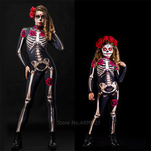Load image into Gallery viewer, Rose Skeleton Adult Kids Scary Costume Halloween Dress Cosplay Sexy Jumpsuit Carnival Party Baby Girl Rompers Day of The Dead
