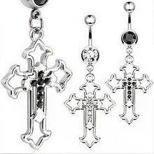 Load image into Gallery viewer, Hollow Cross Dangle Belly Button Rings Navel Piercing Bar Clear Black CZs Belly Piercing Nombril Oreja Gothic Body Jewelry Punk
