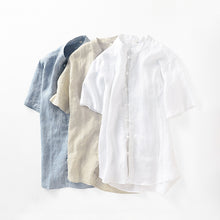 Load image into Gallery viewer, Summer Men's Linen Short-Sleeved Shirt Chinese Style Retro Buckle Stand Collar Linen
