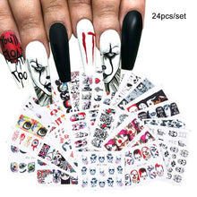 Load image into Gallery viewer, 24 Pcs Halloween Nail Art Water Sticker Set Anime Skull Bone Decals Gel Polish Slider Accessories Nail Decorations LASTZ731-755
