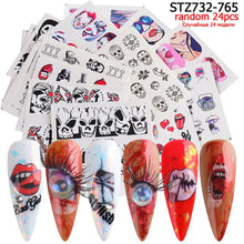 Load image into Gallery viewer, 24 Pcs Halloween Nail Art Water Sticker Set Anime Skull Bone Decals Gel Polish Slider Accessories Nail Decorations LASTZ731-755
