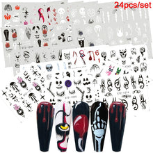 Load image into Gallery viewer, 24 Pcs Halloween Nail Art Water Sticker Set Anime Skull Bone Decals Gel Polish Slider Accessories Nail Decorations LASTZ731-755
