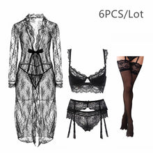 Load image into Gallery viewer, Varsbaby Sexy Robe+Bra+ Panties+ Stockings +Thong +Garter 6 Piece For Lady
