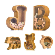 Load image into Gallery viewer, 26 Letter Wooden Piggy Bank with Name Sticker Personalized Transparent Glass Money Box for Kids Children Gift Home Decoration
