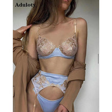 Load image into Gallery viewer, Aduloty Women's Sexy Lingerie Summer Thin Bra Set Delicate Lace Stitching Flower Embroidery Mesh Perspective Erotic Underwear
