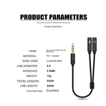 Load image into Gallery viewer, 3.5mm Headset Adapter Headphone Mic Y Splitter Cable 3.5mm AUX Stereo Male to 2 Female Separate Audio Microphone Plugs
