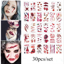 Load image into Gallery viewer, 30pcs/pack Halloween Tattoo Stickers Simulation Horror Bleeding Suture Scars Stickers DIY Halloween Decoration Party Supplies-S
