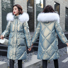 Load image into Gallery viewer, Winter Big Fur Collar Down Cotton Women Bright Face Mid-length Loose Cotton Jacket
