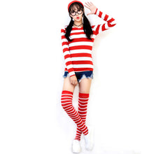 Load image into Gallery viewer, Where's Waldo Now Red and White Stripes Cosplay Costume Adult Men T Shirt Sweater+Hat+Glasses For Christmas Halloween Party Suit
