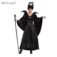 Load image into Gallery viewer, Movie Maleficent Devil Cosplay Costume Halloween Women Black Long Gown Evil Wicked Queen Gown with Horns
