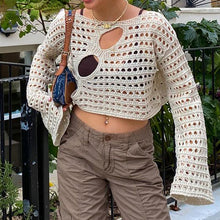 Load image into Gallery viewer, Hollow Out Cropped Knit Smock Top Women Vintage Loose Distressed Crochet Pullovers Crop Tops Fairy Grunge Sweater Cover-up

