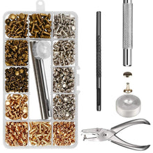 Load image into Gallery viewer, 480 Pcs Leather Rivets Double Cap Rivet Tubular Metal Studs with Punch Pliers Fixing Tools for DIY Leather Craft Rivets Rep Set
