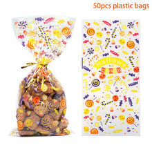 Load image into Gallery viewer, 50pcs Clear Cellophane Packing Bag Halloween Party Decor Trick or Treat Bags Bat Witch Spider Printed Plastic Candy Gift Bags
