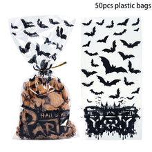 Load image into Gallery viewer, 50pcs Clear Cellophane Packing Bag Halloween Party Decor Trick or Treat Bags Bat Witch Spider Printed Plastic Candy Gift Bags
