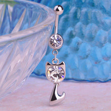 Load image into Gallery viewer, Small Cat Navel Bell Rings Silver Color Animal Nombril Ombligo Crystal Long Navel Ring Women Beach Navel Piercing Body Jewelry
