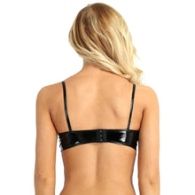 Load image into Gallery viewer, Women Wetlook Faux Leather Spaghetti Straps Wire-free No Pad Bra Top Raves Wear
