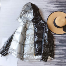 Load image into Gallery viewer, Women's Fashion Winter Warm Short Silver Shiny Down Jacket Thick Hooded Reversible Puffer Coat
