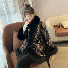 Load image into Gallery viewer, Chinese Style Fox Fur Coat Court Lady Satin Mid-length Beaded Faux Fur Shawl Jacket Women Winter Coat Print Outwear
