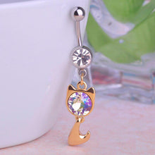 Load image into Gallery viewer, Small Cat Navel Bell Rings Silver Color Animal Nombril Ombligo Crystal Long Navel Ring Women Beach Navel Piercing Body Jewelry
