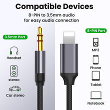 Load image into Gallery viewer, 8 Pin To 3.5mm Jack AUX Cable Lighting To AUX Headphone Adapter Audio Extension Kable Connector Splitter For iPhone 14/13/12/11

