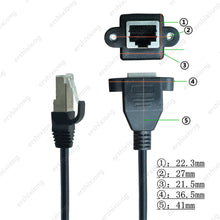 Load image into Gallery viewer, 8Pin RJ45 Cable Male to Female Screw Panel Mount Ethernet LAN Network 8 Pin 90 Degree Right Angle Extension Cable 0.3m 0.6m
