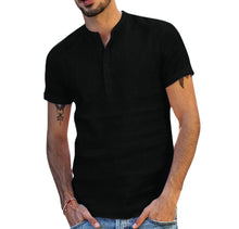 Load image into Gallery viewer, Men's Stand Collar Short Sleeve V-neck Cotton Linen Shirt
