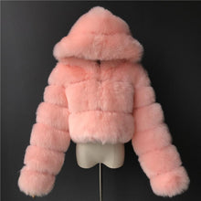 Load image into Gallery viewer, Women's Coat Short Hooded Imitation Fur Coat Imitation Fox Hair Long Sleeve Splicing Coat
