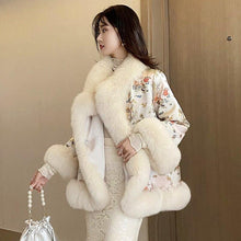 Load image into Gallery viewer, Chinese Style Fox Fur Coat Court Lady Satin Mid-length Beaded Faux Fur Shawl Jacket Women Winter Coat Print Outwear
